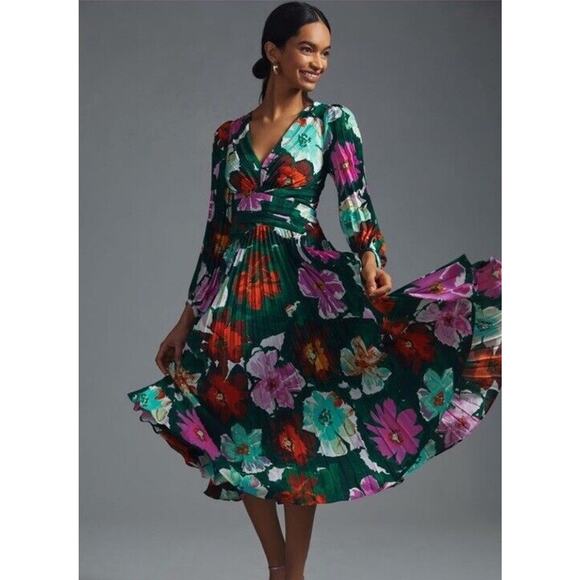 Anthropologie Size 6 Maeve Pleated Long Dress V Neck Green Floral Wedding Date - Picture 1 of 14